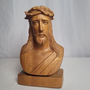 Vintage Hand Carved Wood Jesus Bust Crown Of Thorns